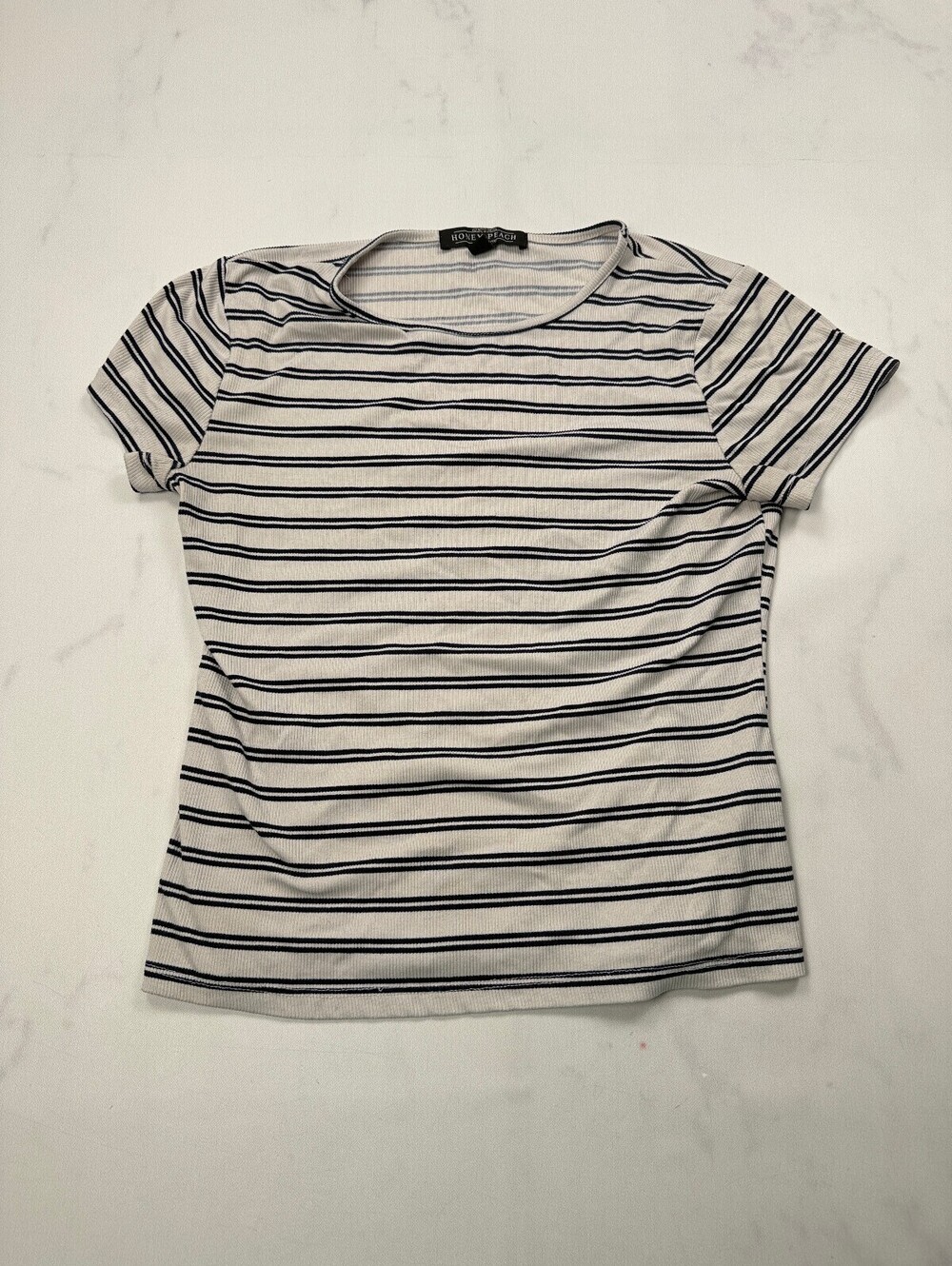 Honey Peach Striped T Shirt White Modern Classic Style - Womens L